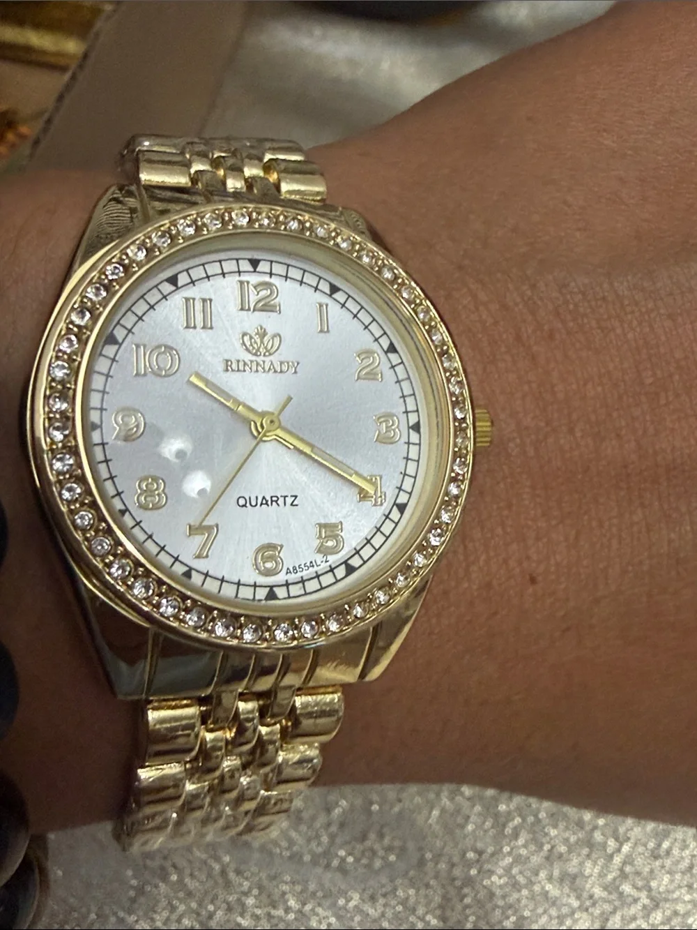 Rhinastar Gold-Tone Crystal Bezel Quartz Watch